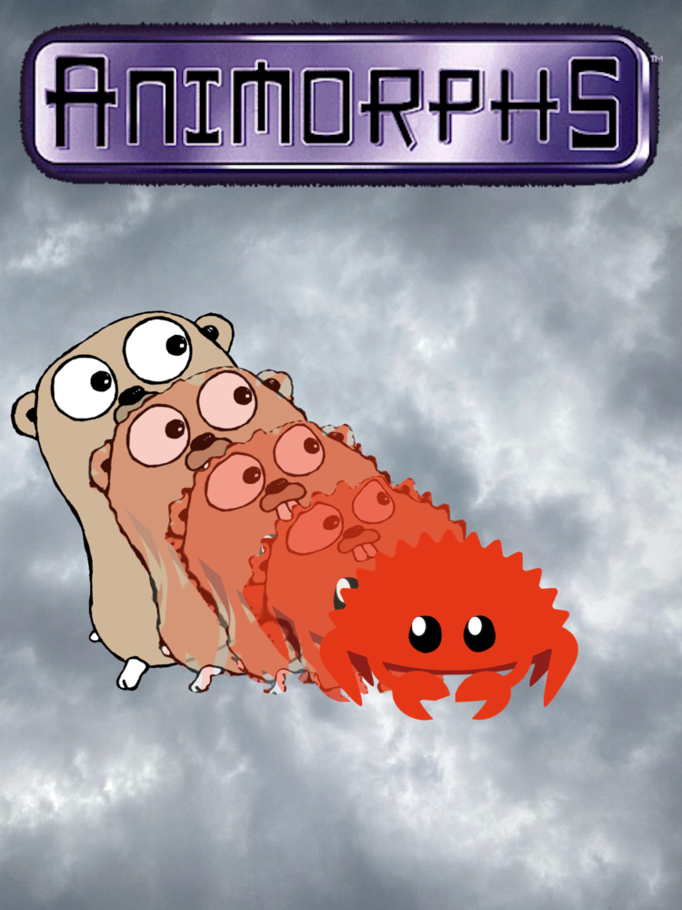 An animorphs book cover of the go gopher turning into the rust rustacean